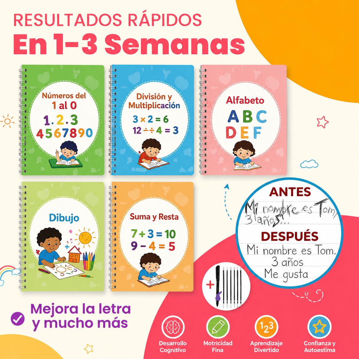 Kit de 5 Cuadernos Mágicos Reutilizables de Caligrafía para Niños con Alfabeto, Números, Matemáticas y Dibujo