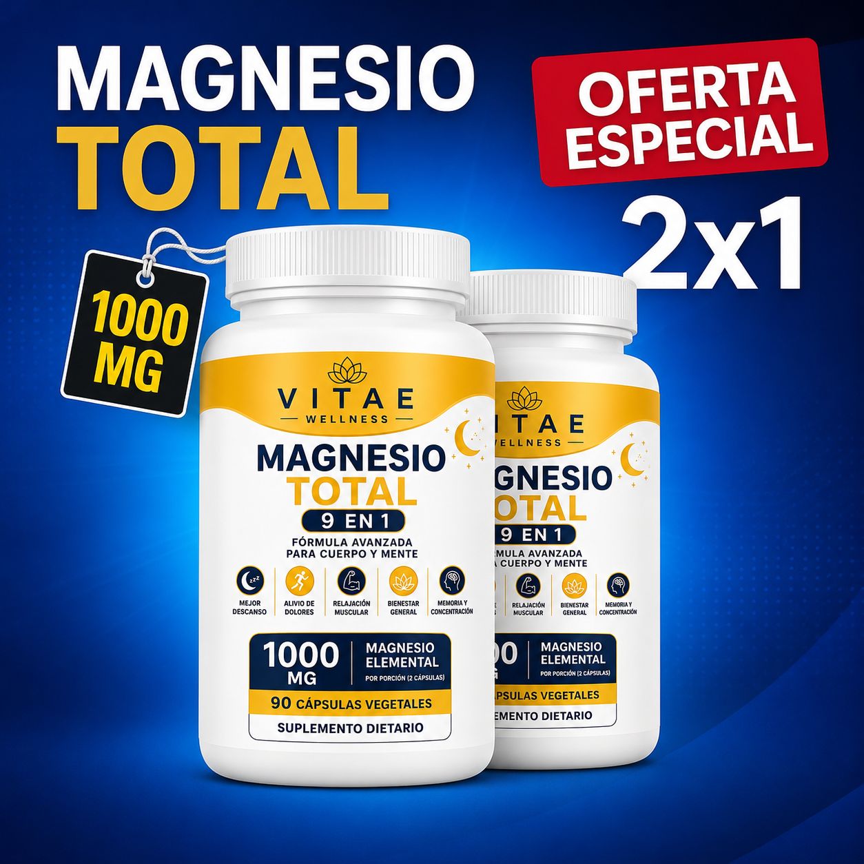 OFERTA 2X1 - Magnesio Total 9 tipos en 1 capsula -Mejor calidad de sueño , mas energĂa , menos calambres y dolores musculares