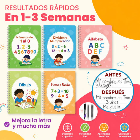 Kit de 5 Cuadernos Mágicos Reutilizables de Caligrafía para Niños con Alfabeto, Números, Matemáticas y Dibujo