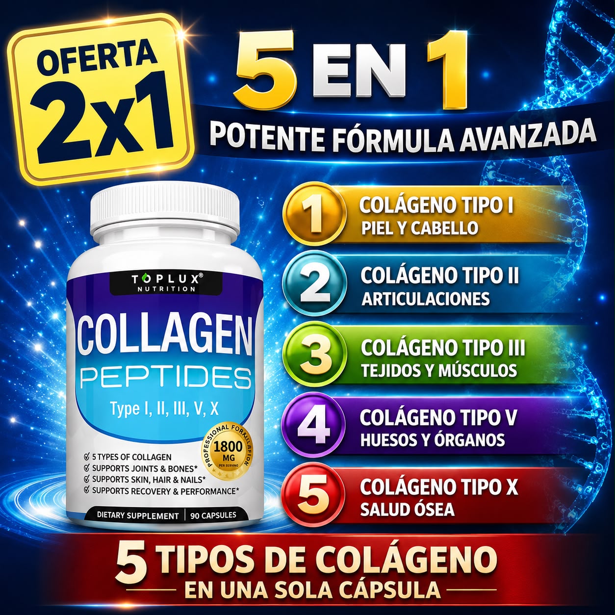 𝗢𝗙𝗘𝗥𝗧𝗔 𝟮𝗫𝟭 -COLAGENO  5 EN 1   (PIEL Y CABELLO)✅ (ARTICULACIONES)✅ (TEJIDOS Y MUSCULOS) ✅(HUESOS Y ORGANOS) ✅(SALUD OSEA)